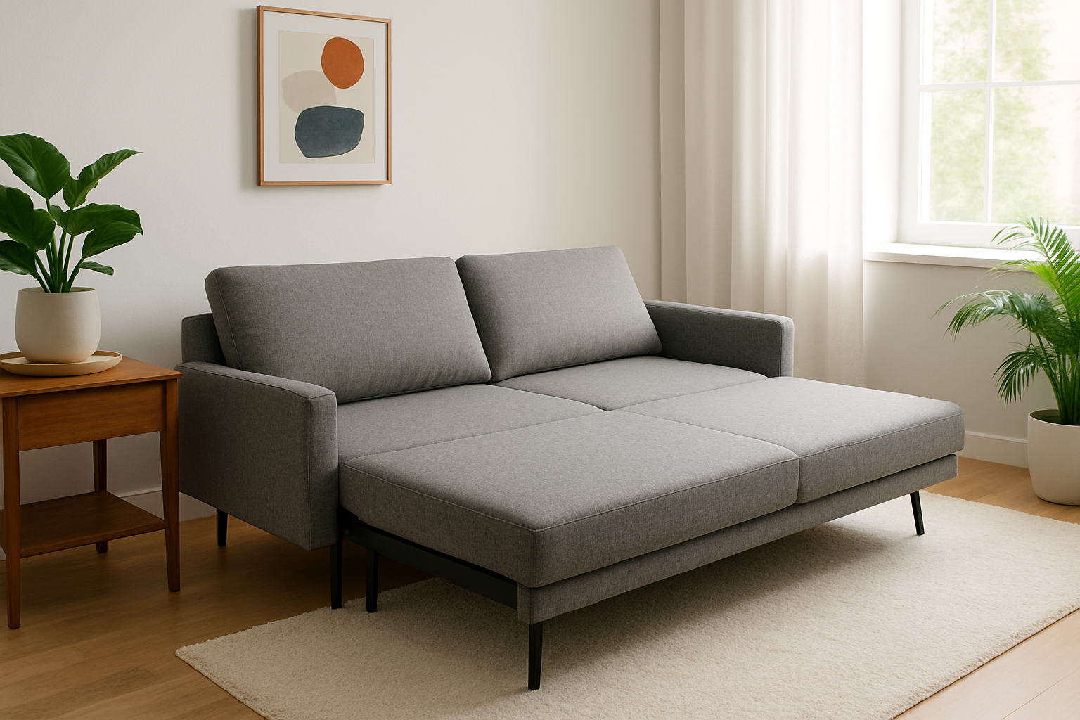 Canapé lit Tediber installé dans un salon moderne et compact, illustrant son design élégant et fonctionnel.