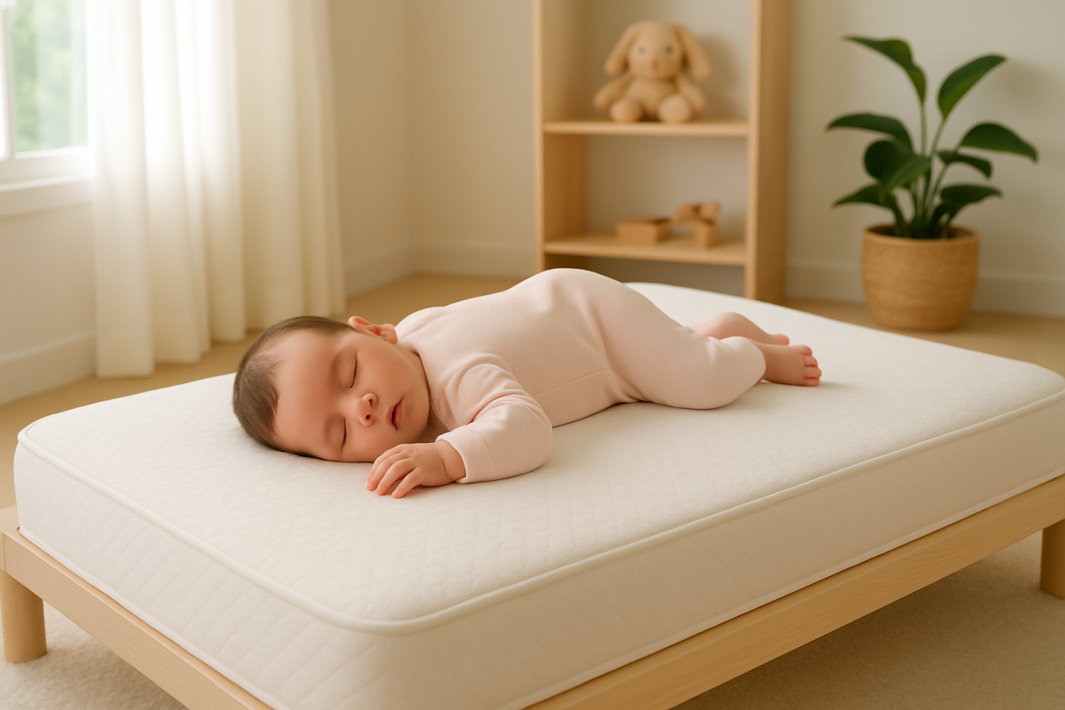 Un bébé profondément endormi sur un matelas 70x140 confortable, illustrant la sécurité et le bien-être offerts par un matelas adapté.