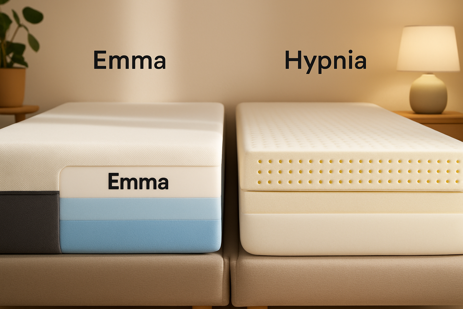 Comparaison visuelle des matelas Emma et Hypnia en format 80 x 200, illustrant les différences de couches et matériaux.