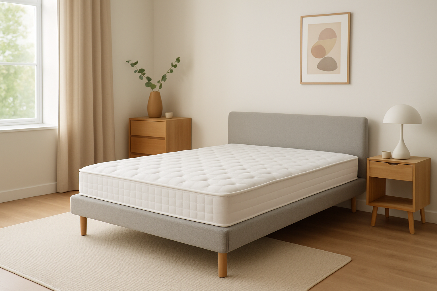 Lit avec matelas et sommier 120x190 placé dans une chambre contemporaine et lumineuse