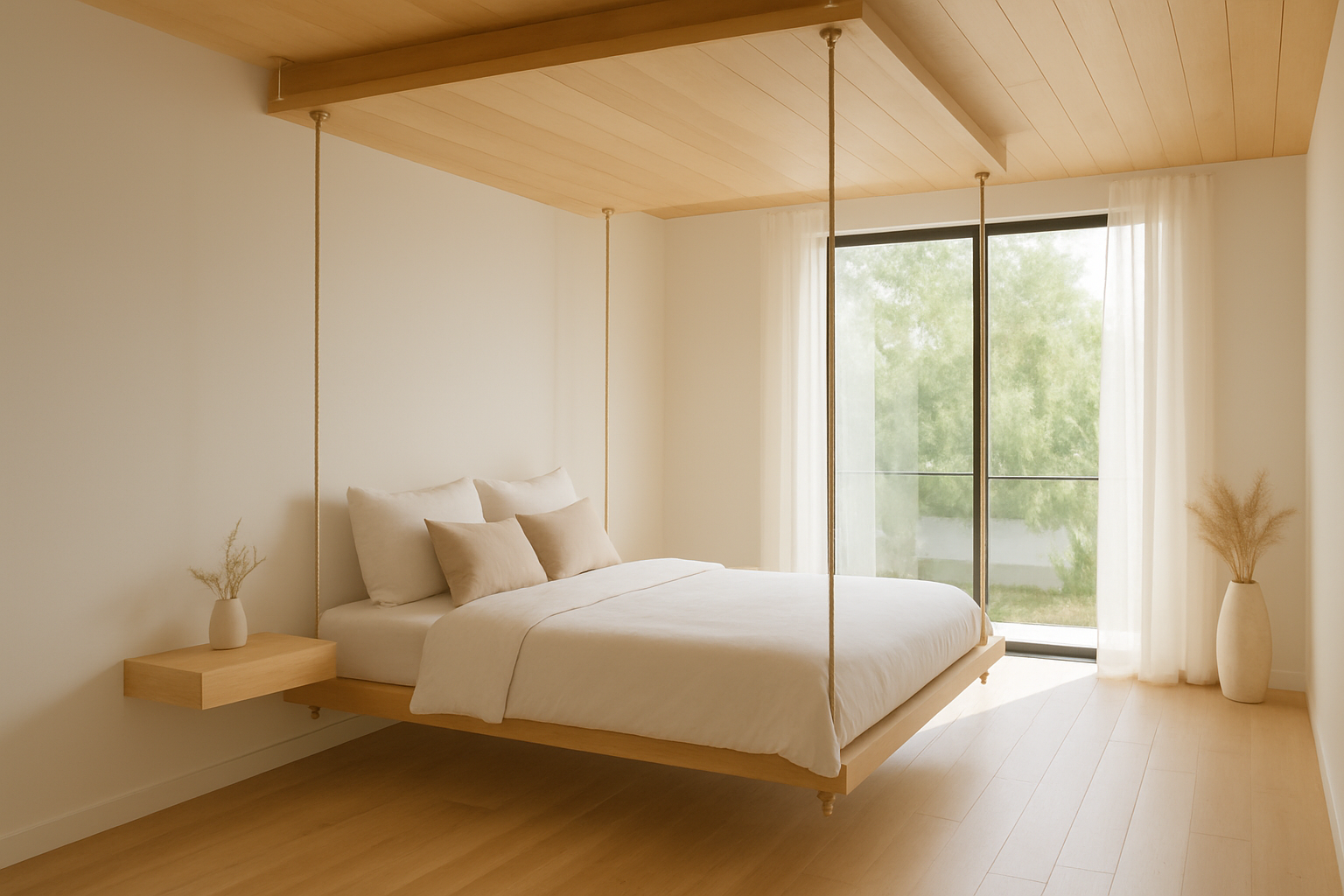Studio moderne équipé d’un lit suspendu plafond en bois clair, illustrant l’intégration esthétique et l’optimisation d’espace.