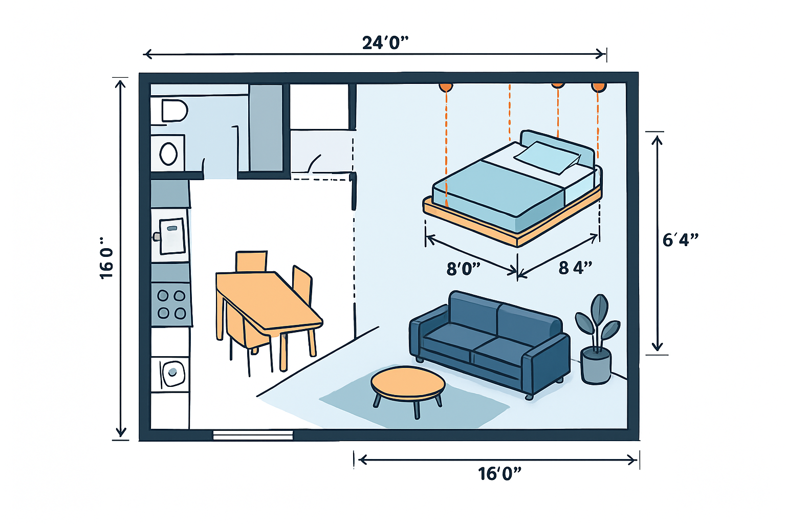 Plan détaillé d’un studio montrant l’espace réservé pour un lit suspendu plafond avec mesures et indications techniques.