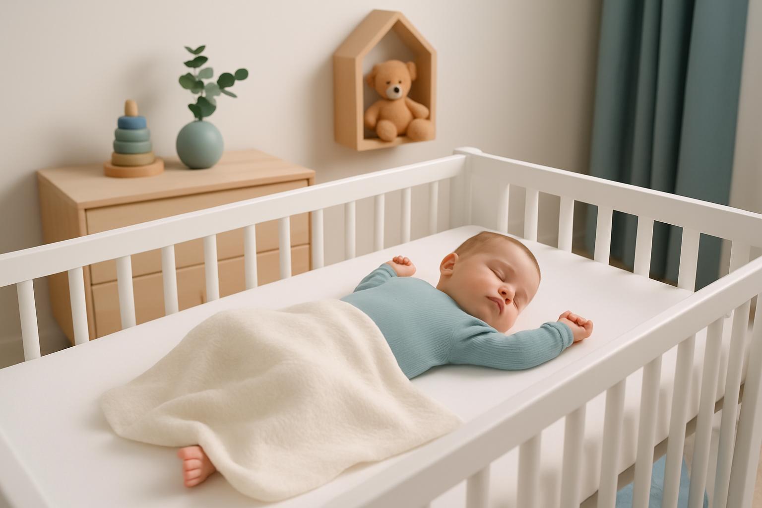 Un bébé dort paisiblement sur un matelas de lit 70x140 cm, illustrant confort et sécurité.
