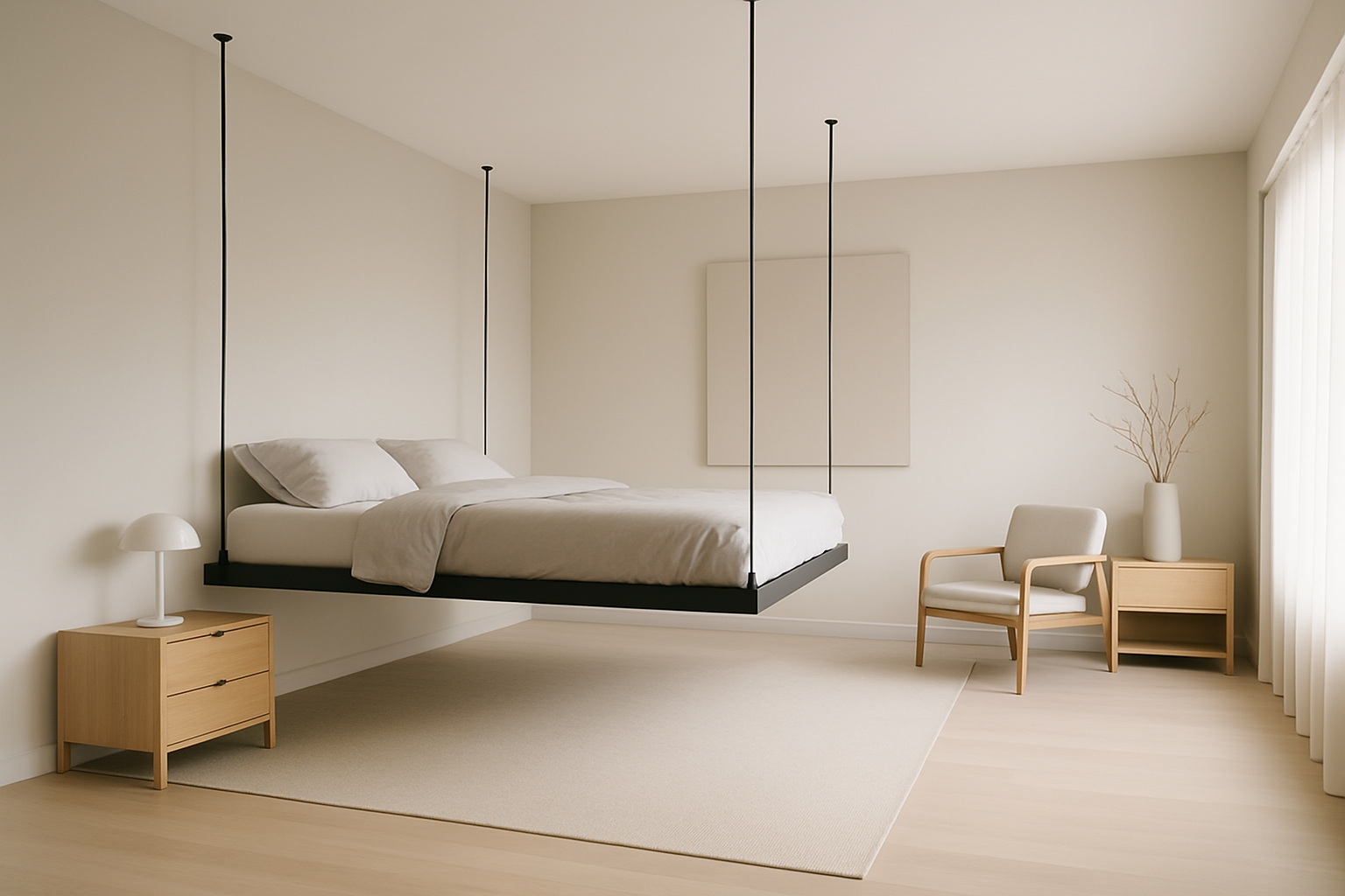 Chambre contemporaine avec un lit plafond relevé, montrant l