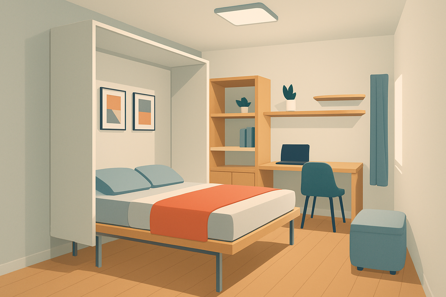 Petite chambre aménagée avec un lit plafond escamotable et des meubles multifonctions optimisant l’espace