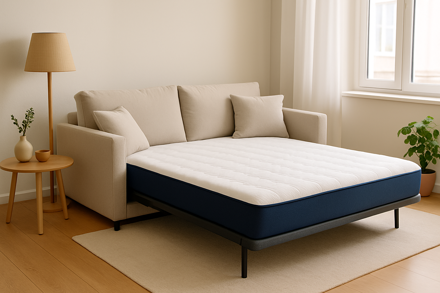 Le matelas Emma ultra-confortable installé sur un canapé lit moderne, illustrant l