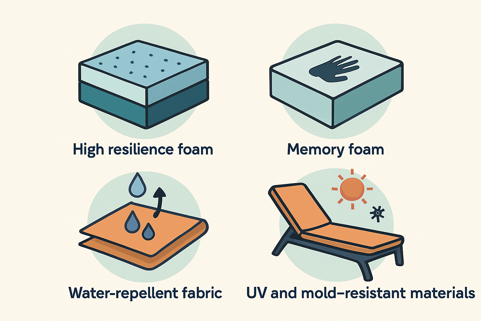 Illustration des différentes matières utilisées pour matelas de transats et leurs propriétés