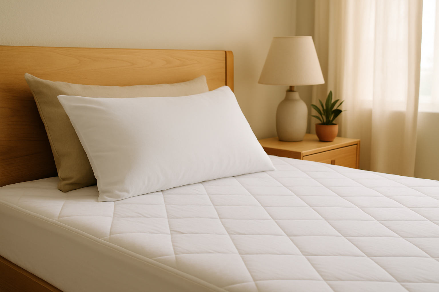 Un protège matelas bien ajusté sur un lit, illustrant la protection efficace et le confort amélioré de la literie