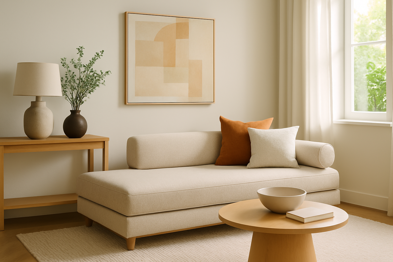Salon moderne avec une banquette matelas compacte et élégante, mettant en valeur l