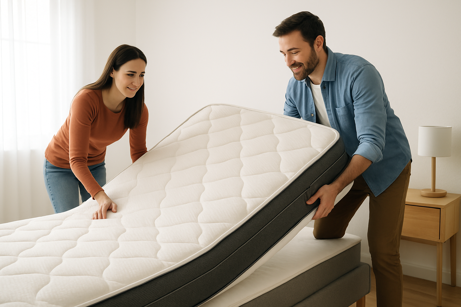 Un couple tourne leur matelas 160x200 pour en assurer la longévité et le confort