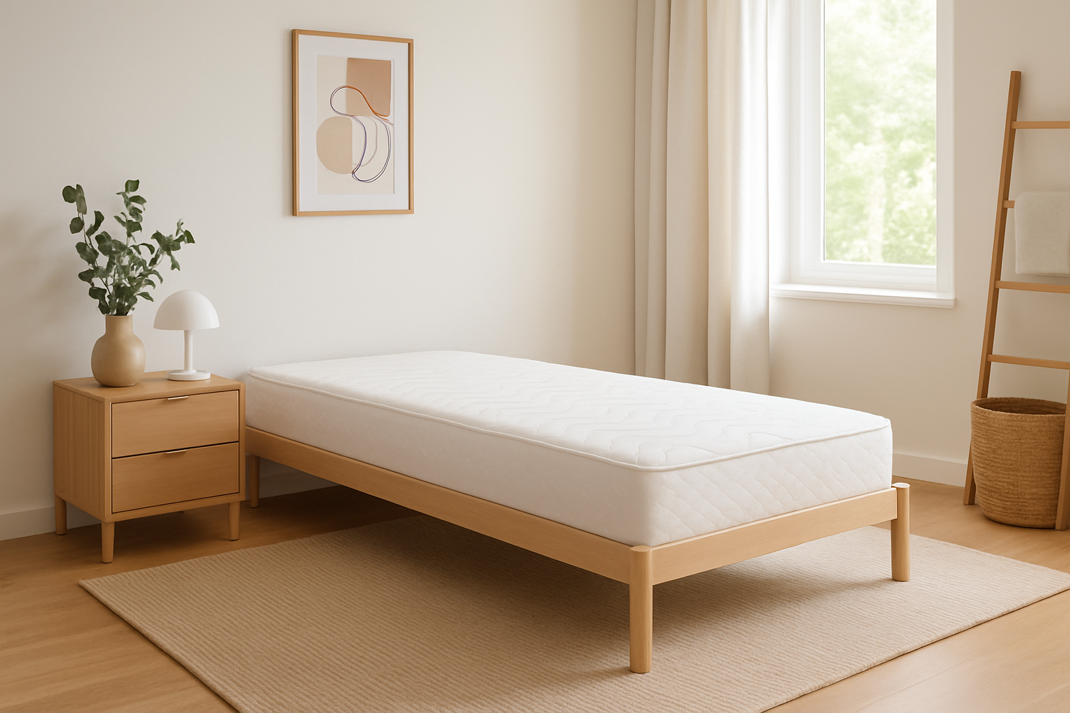 Chambre moderne équipée d’un matelas simple 90x190, illustrant un espace optimisé et confortable