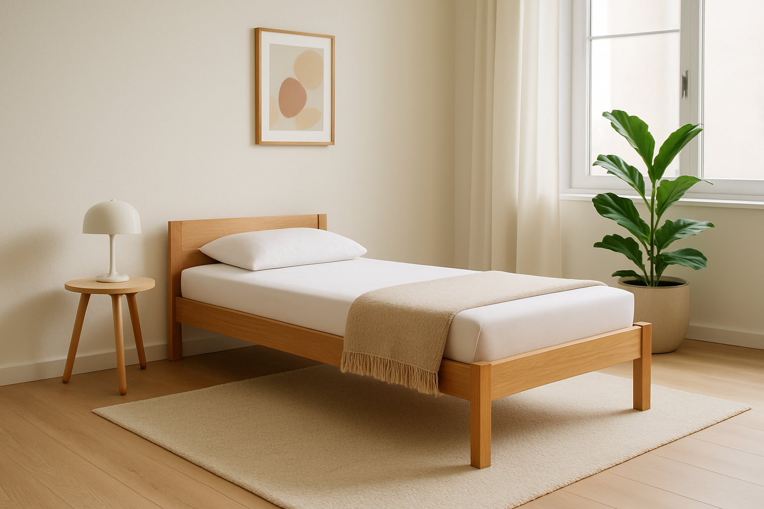 Sommier 90x190 en bois dans une chambre moderne, illustrant confort et design épuré.