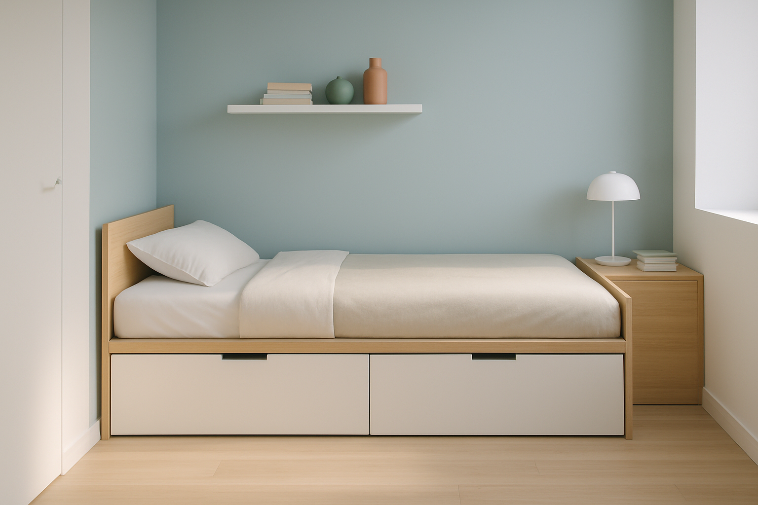 Lit 120x200 avec structure optimisée pour petits espaces, incluant tiroirs intégrés et design léger.