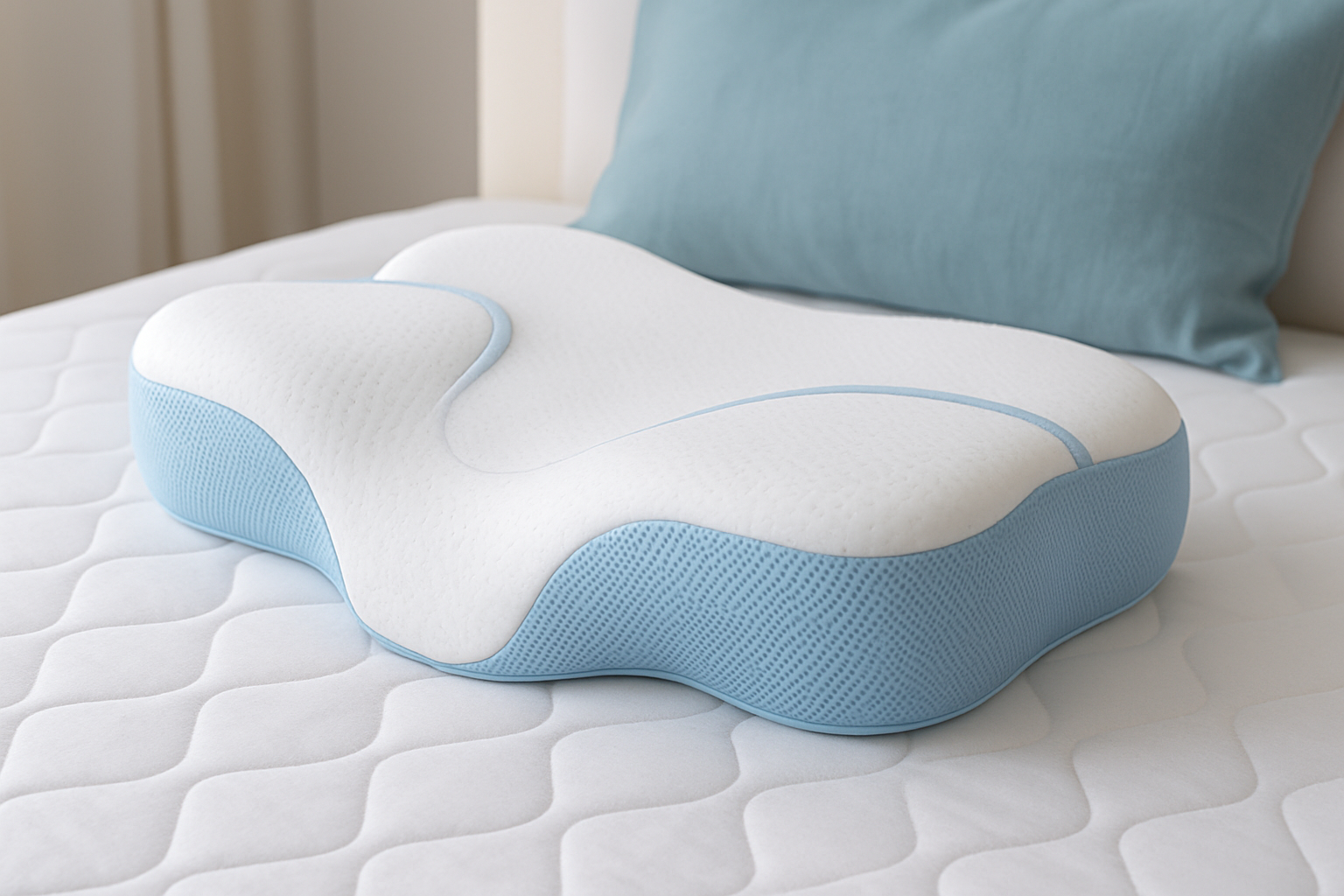 Oreiller ergonomique spécialement conçu pour soutenir les voies respiratoires des personnes souffrant d’apnée du sommeil.