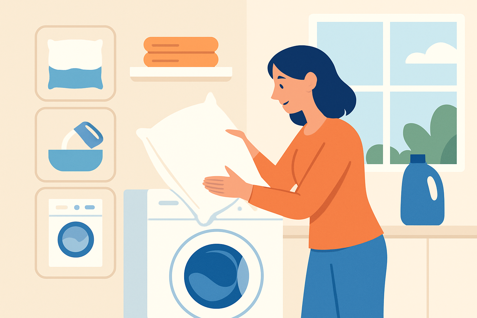 Image illustrant un oreiller en train d’être lavé à la maison avec des instructions visuelles