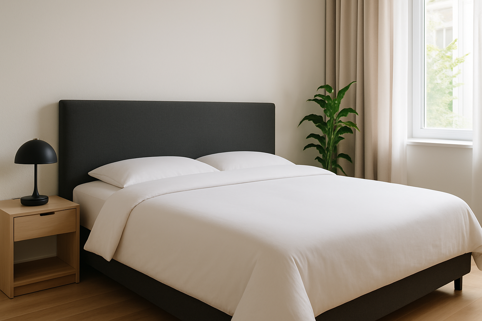 Un lit 160x200 avec une housse de couette parfaitement ajustée, illustrant le confort et l