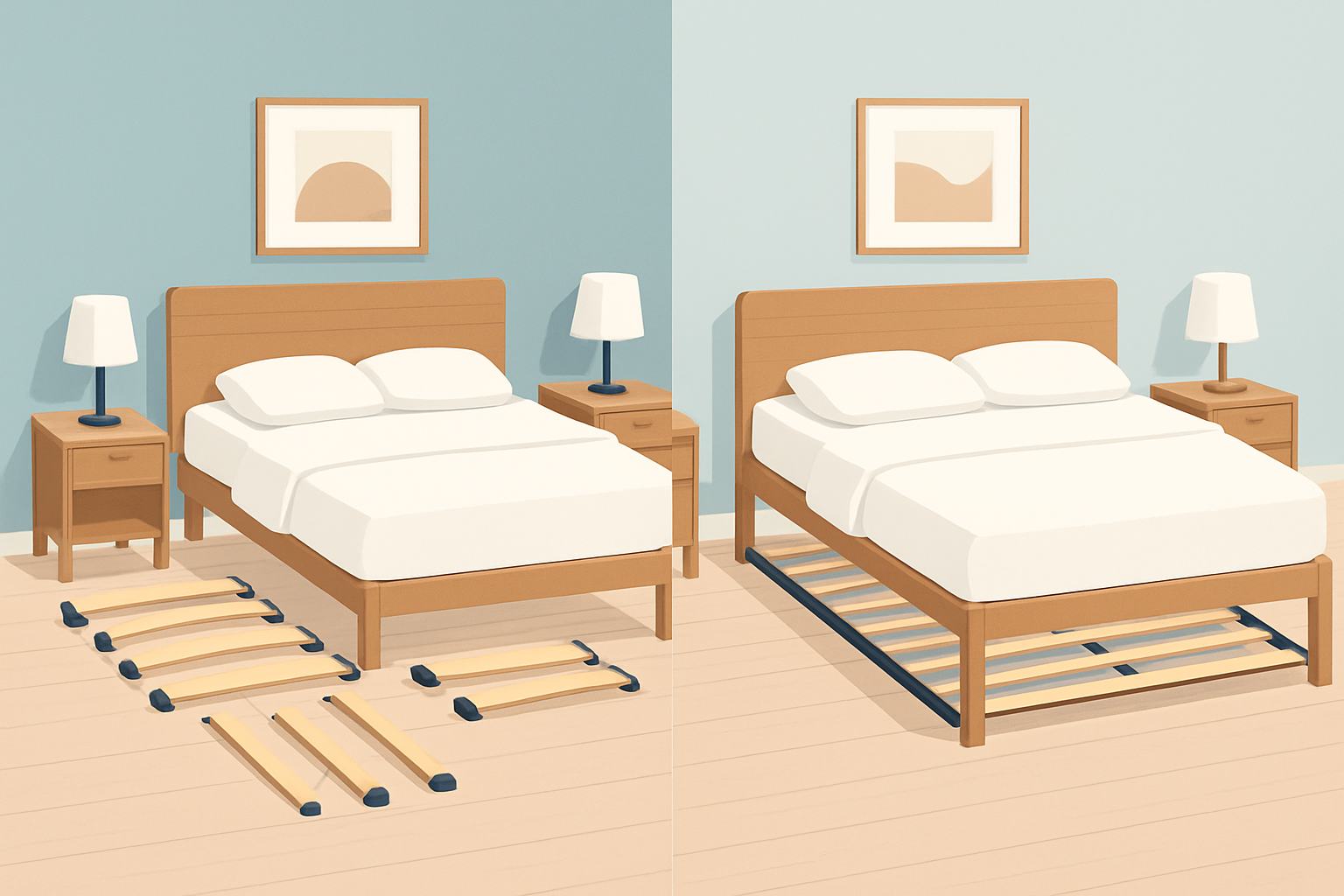 Comparaison visuelle entre un sommier démontable et un sommier fixe dans une chambre moderne.