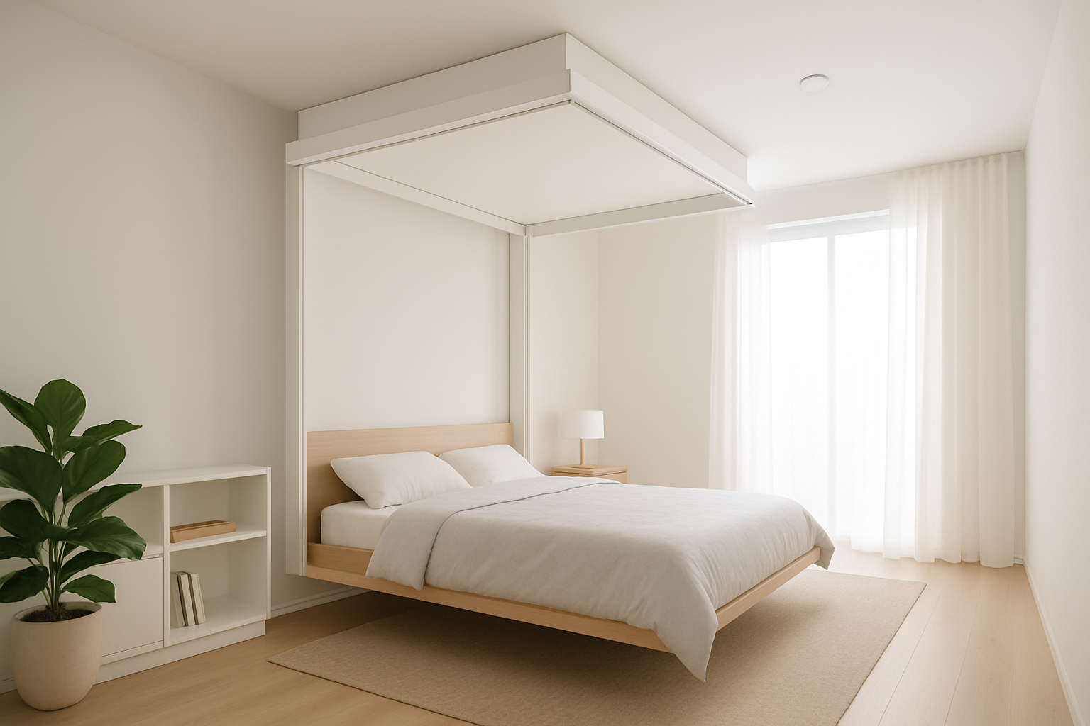 Lit escamotable au plafond intégré dans une chambre moderne avec design minimaliste et éclairage doux