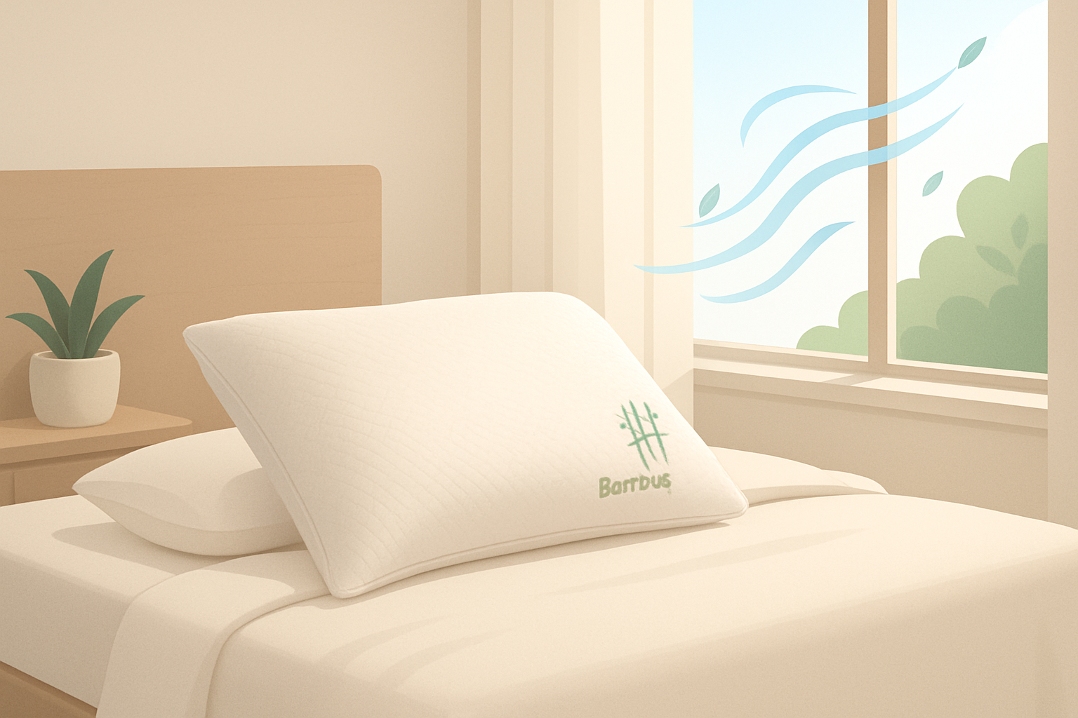Oreiller en fibres de bambou posé sur un lit, illustrant un environnement de sommeil sain et anti-allergies.
