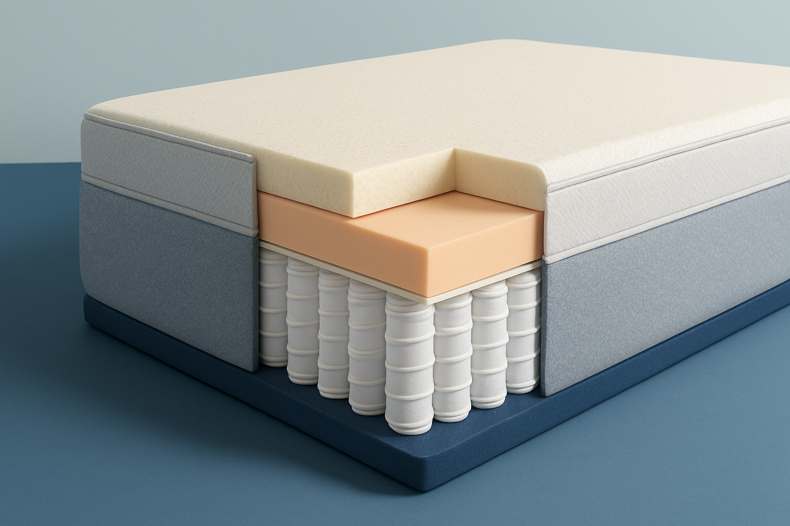 Schéma en coupe du matelas hybride Tediber soulignant ses différentes couches et technologies intégrées.