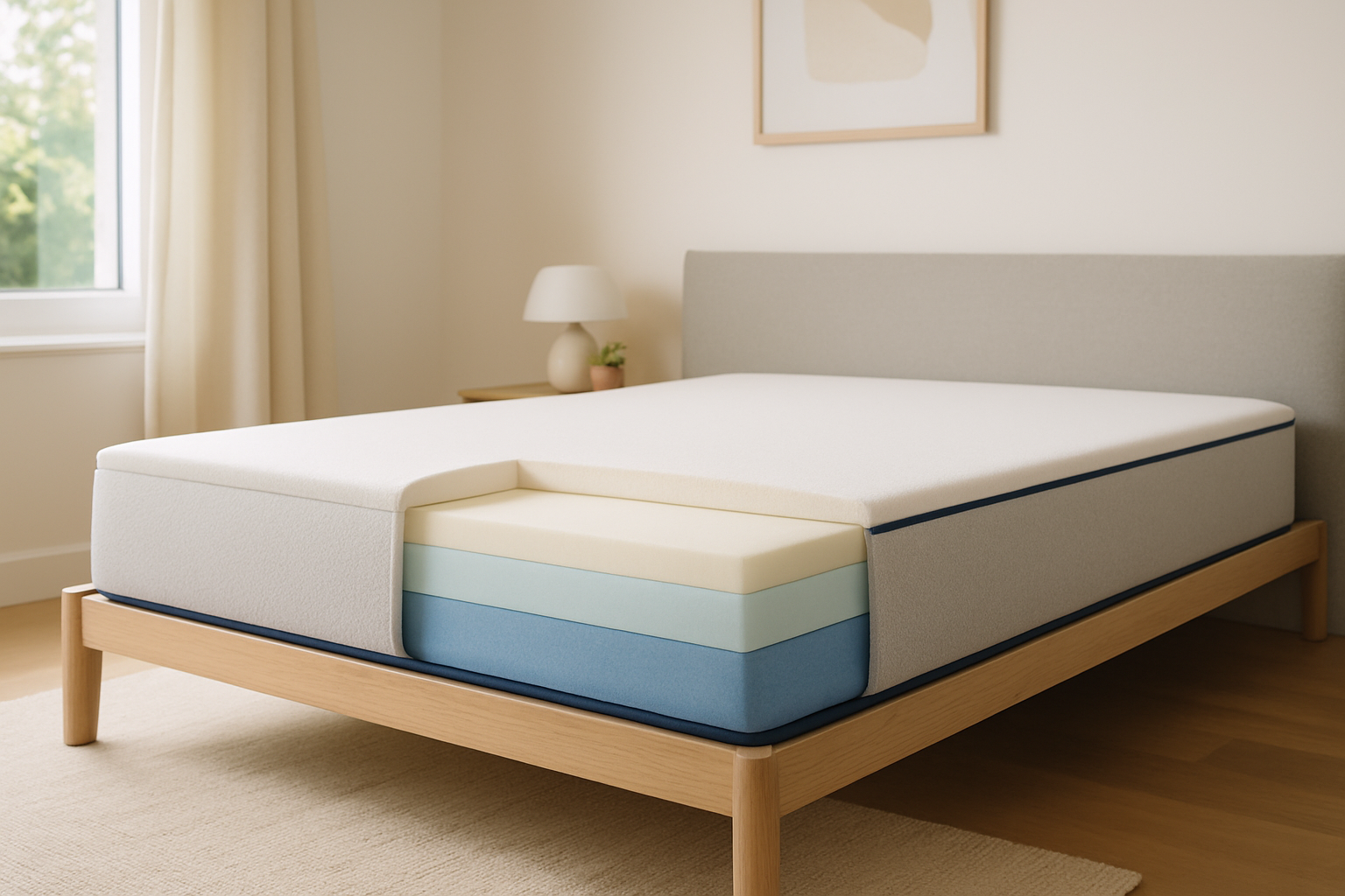 Le matelas Tediber déplié dans une chambre moderne, illustrant ses couches de mousse et son confort ergonomique.