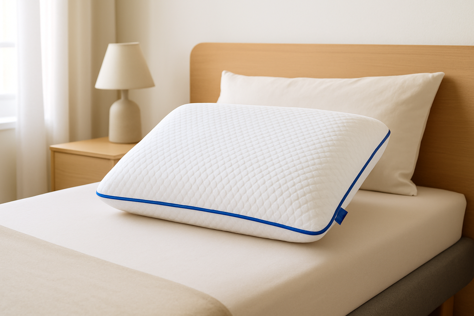 L’oreiller Tediber installé dans une chambre moderne, illustrant son confort et son design ergonomique.