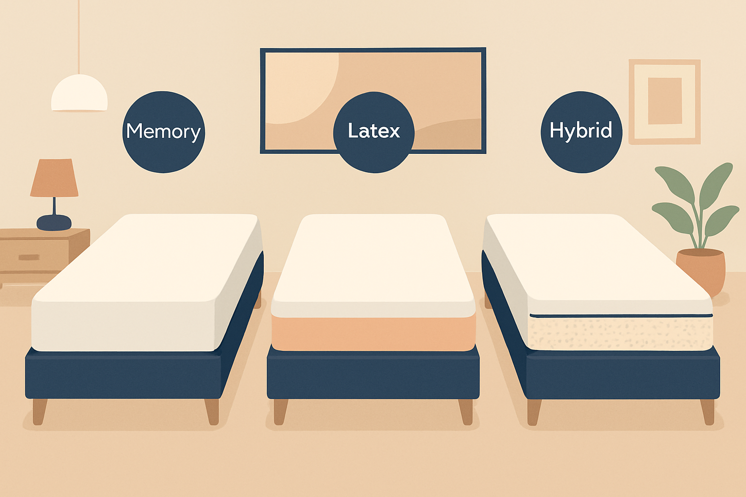 Comparatif visuel des matelas Tediber, Emma et Hypnia dans une chambre contemporaine.