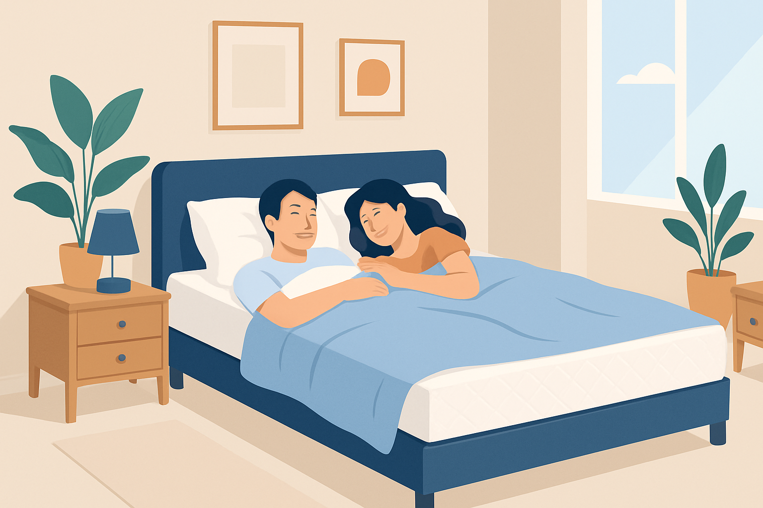 Un couple profite du confort du matelas Emma 160 x 200, illustrant son espace et son soutien équilibré.