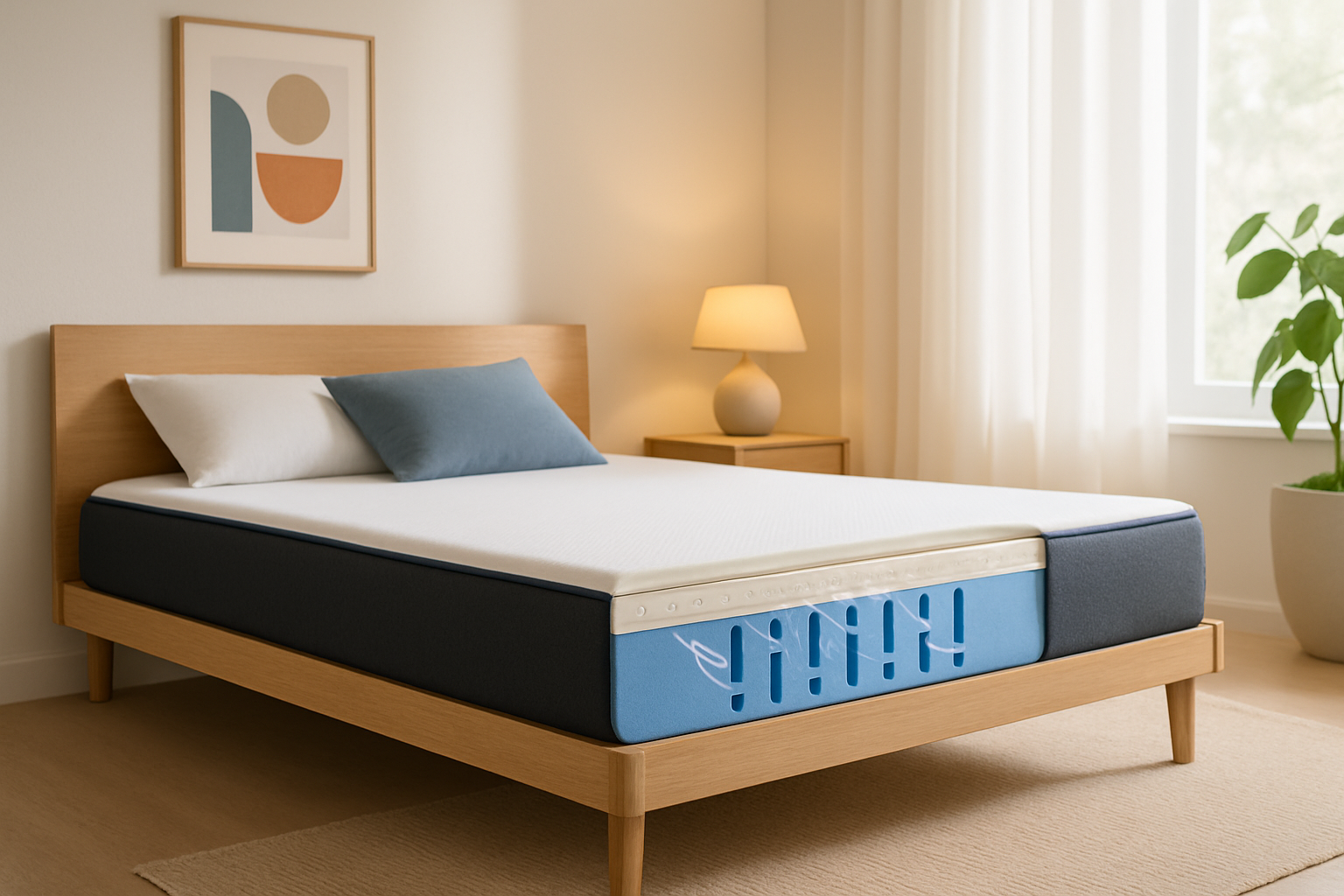 Coupe transversale d’un matelas Emma 140 x 190 montrant ses couches de mousse respirantes et son système de ventilation innovant.