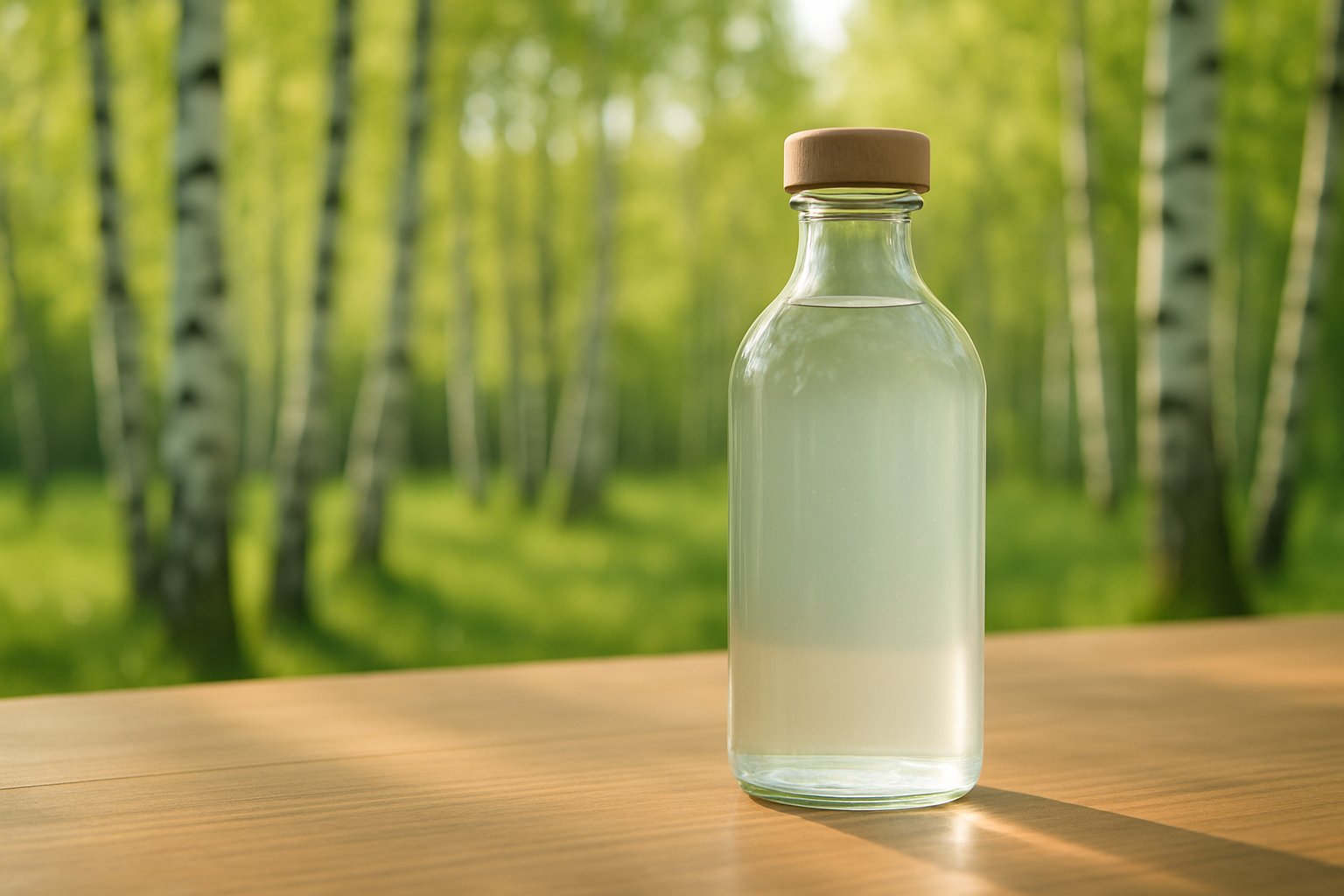 Bouteille de sève de bouleau fraîche dans un environnement naturel printanier