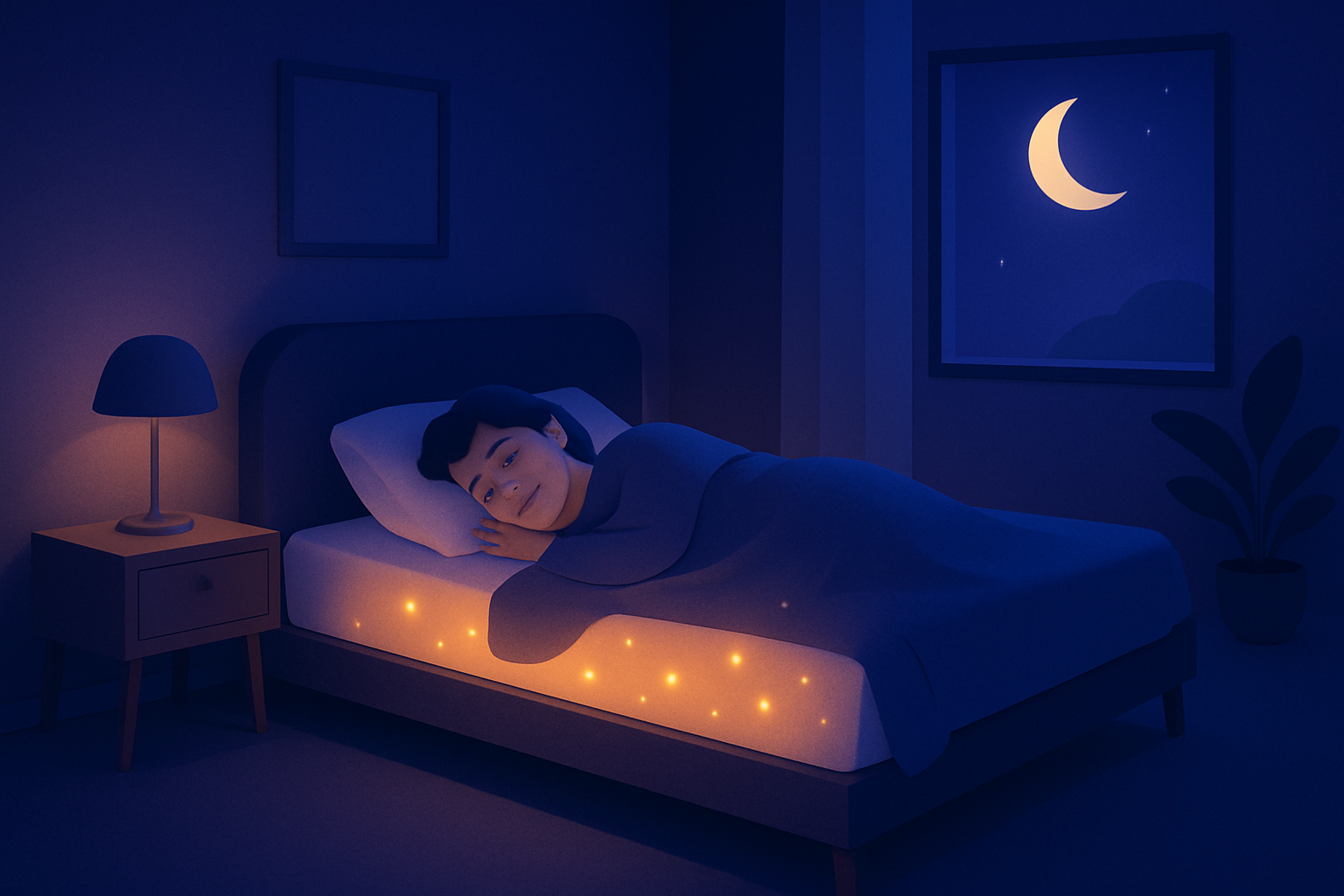 Illustration apaisante représentant une nuit de sommeil réparateur favorisée par l’équilibre hormonal.