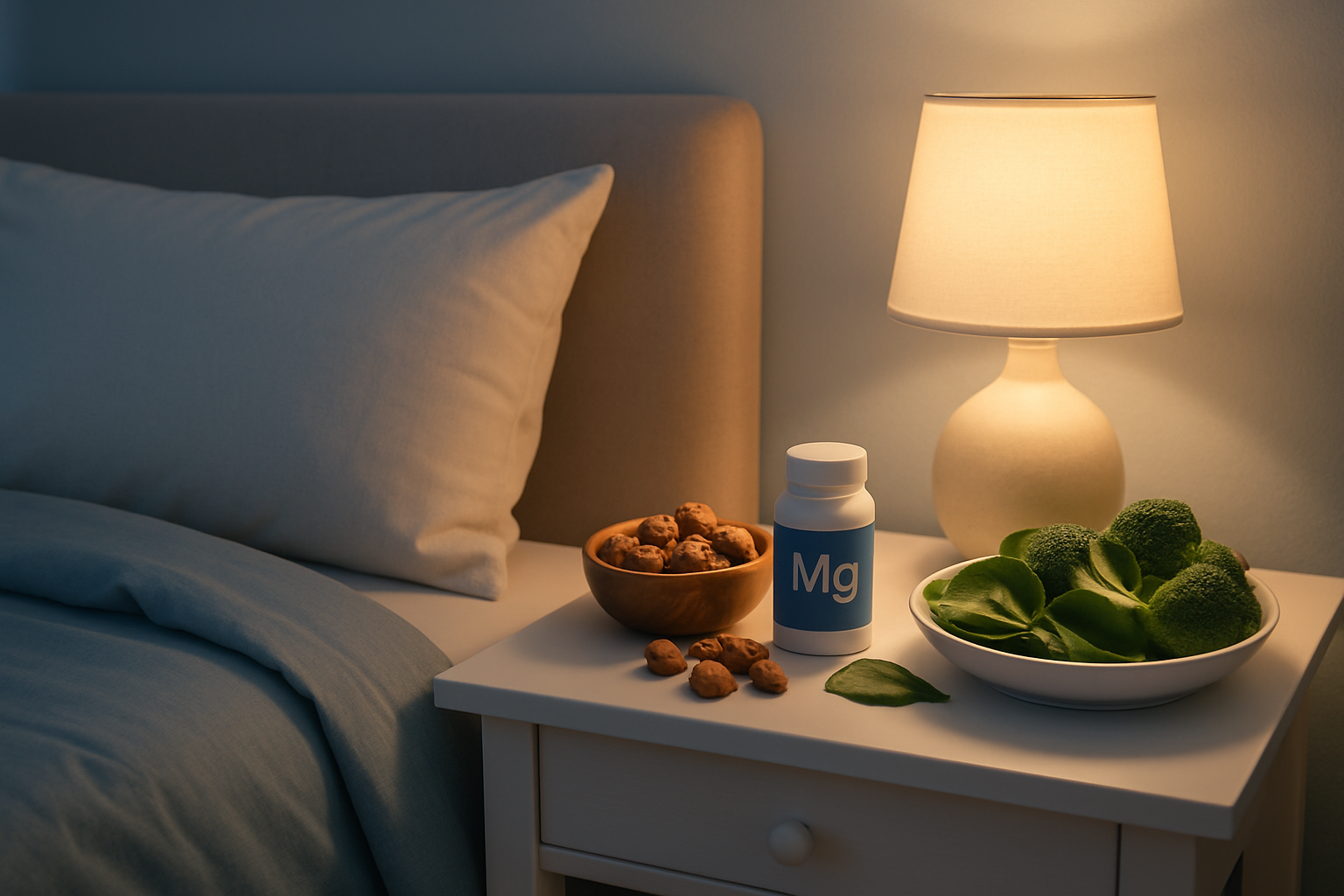 Chambre calme et apaisante mettant en avant des sources naturelles de magnésium pour favoriser un sommeil réparateur