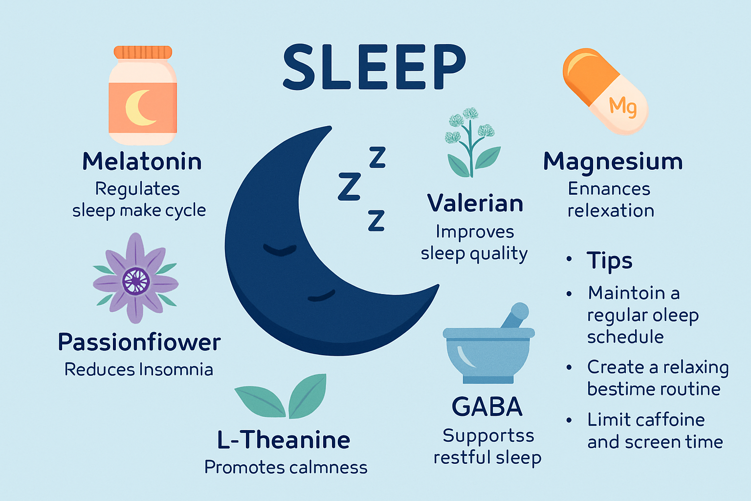 Infographie sur les compléments alimentaires populaires et leurs effets potentiels sur le sommeil
