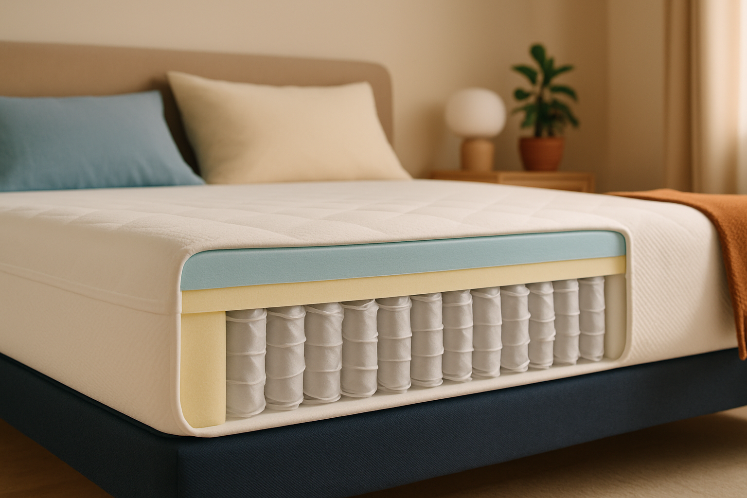Vue en coupe du matelas Emma Hybride révélant ses couches de mousse à mémoire de forme et ressorts ensachés, installé dans une chambre apaisante.