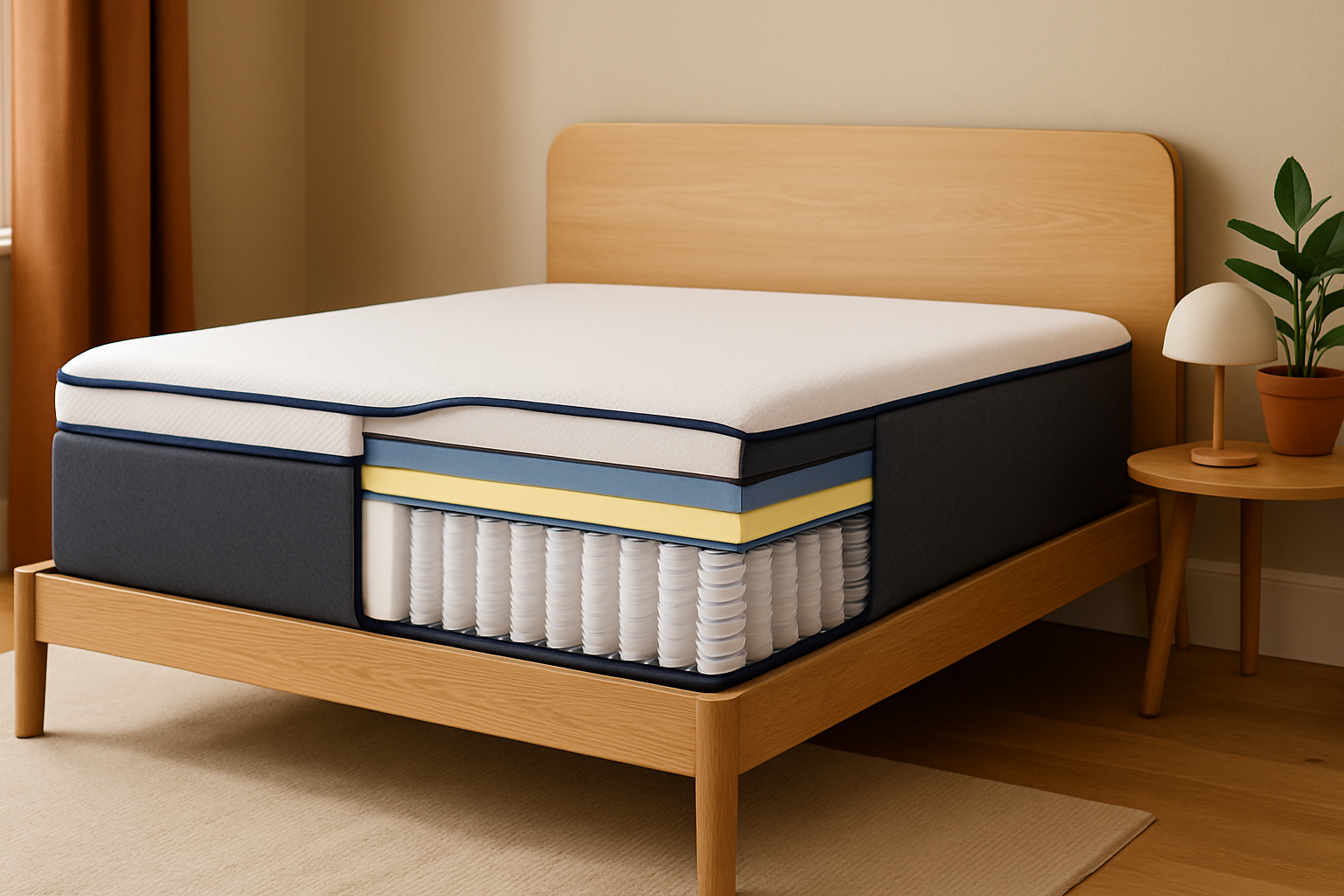 Vue détaillée du matelas Emma Hybrid avec ses couches combinant mousse et ressorts ensachés