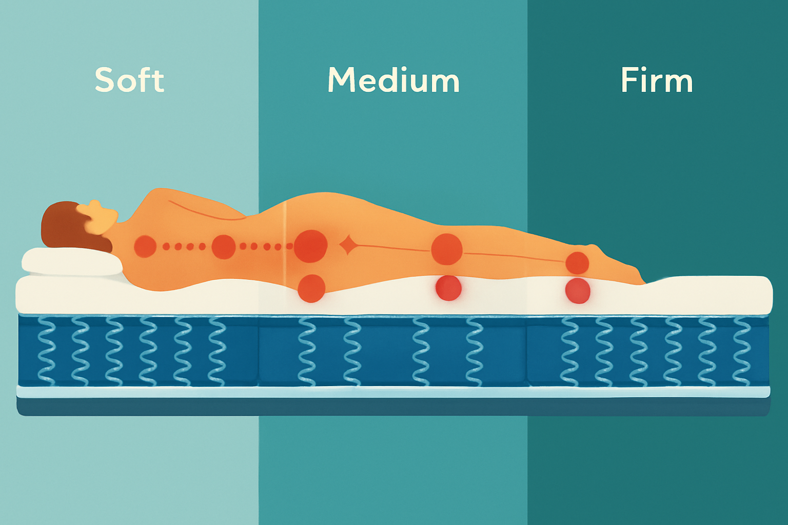 Illustration comparative des trois niveaux de fermeté du Matela Emma Hybride 2 avec visualisation des zones de soutien